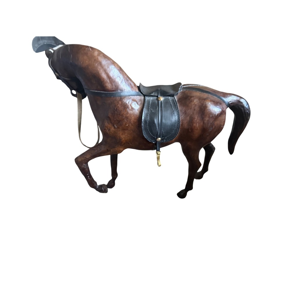 Vintage Leather Wrapped Horse Figurine Statue Equestrian Decor Brown Saddle - Picture 8 of 8